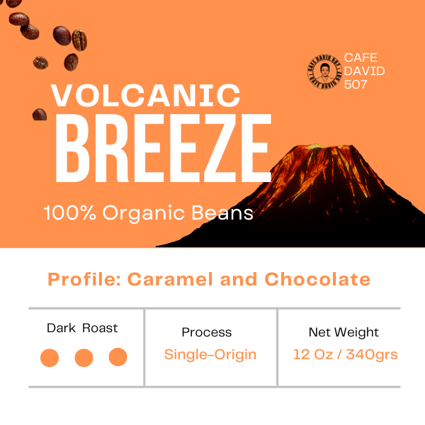 Cafe David 507 Volcanic Breeze coffee package with a volcano graphic and coffee beans.