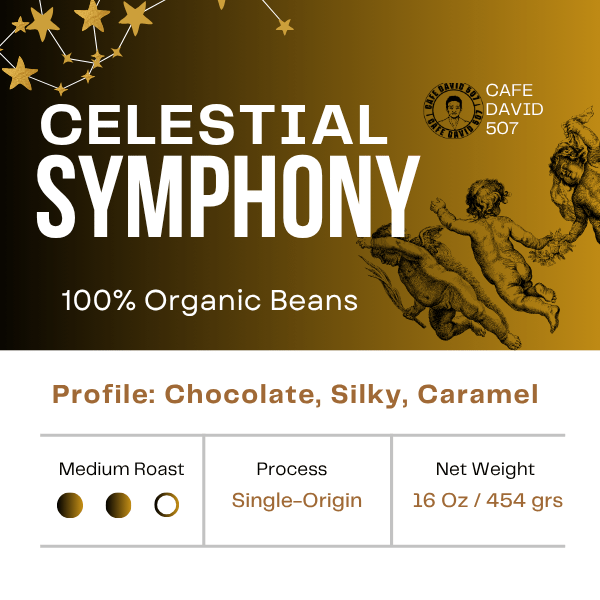 Celesstial Symphony coffee label with artistic design and product details.
