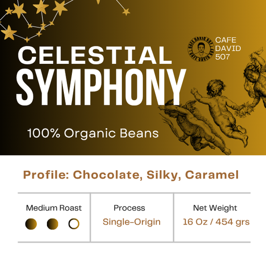 Celesstial Symphony coffee label with artistic design and product details.