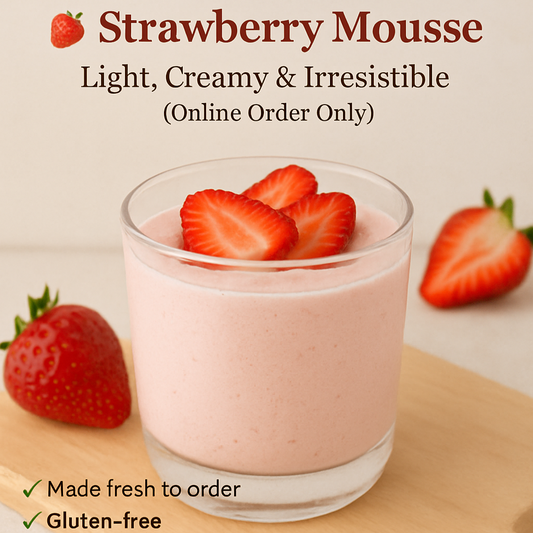 Strawberry mousse with fresh strawberries on a wooden board, promotional text overlay.