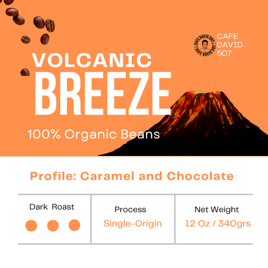 Cafe David 507 Volcanic Breeze coffee package with a volcano graphic and coffee beans.